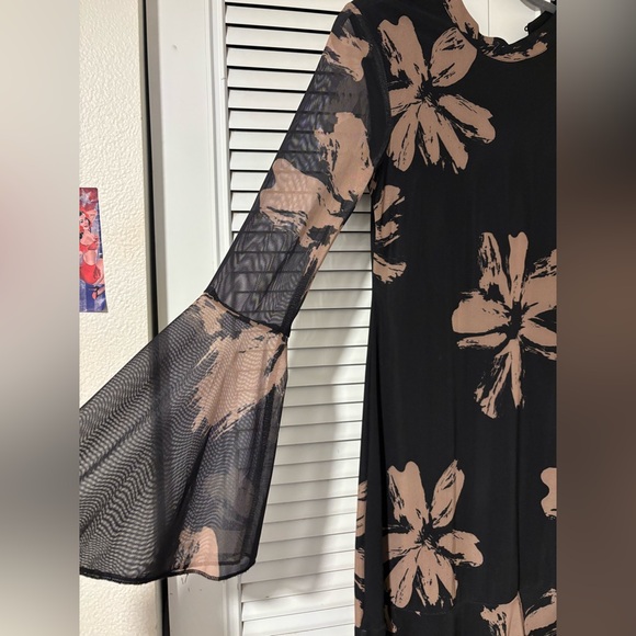 Black mesh floral dress with beige flowers long sleeve maxi women’s SML NWOT - Picture 5 of 13